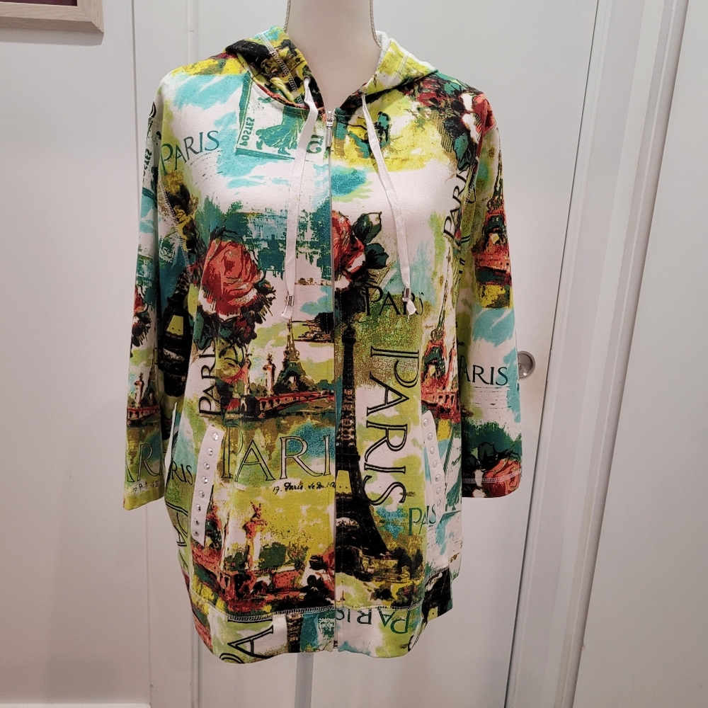 Onque Woman size 1X elements of style clothing  hooded jacket.  3/4 sleeve